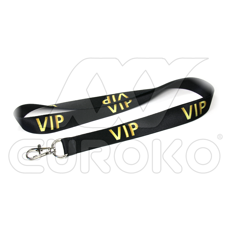 Luxe satijnen VIP keycord met gouden opdruk voor exclusiviteit.